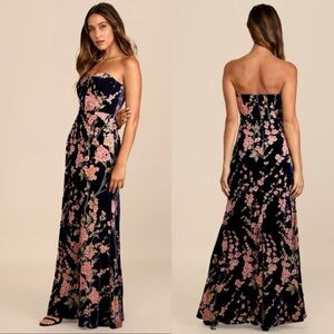 Lulus Bloom In Mind Navy Blue Floral Print Velvet Strapless Maxi‎ Dress Small